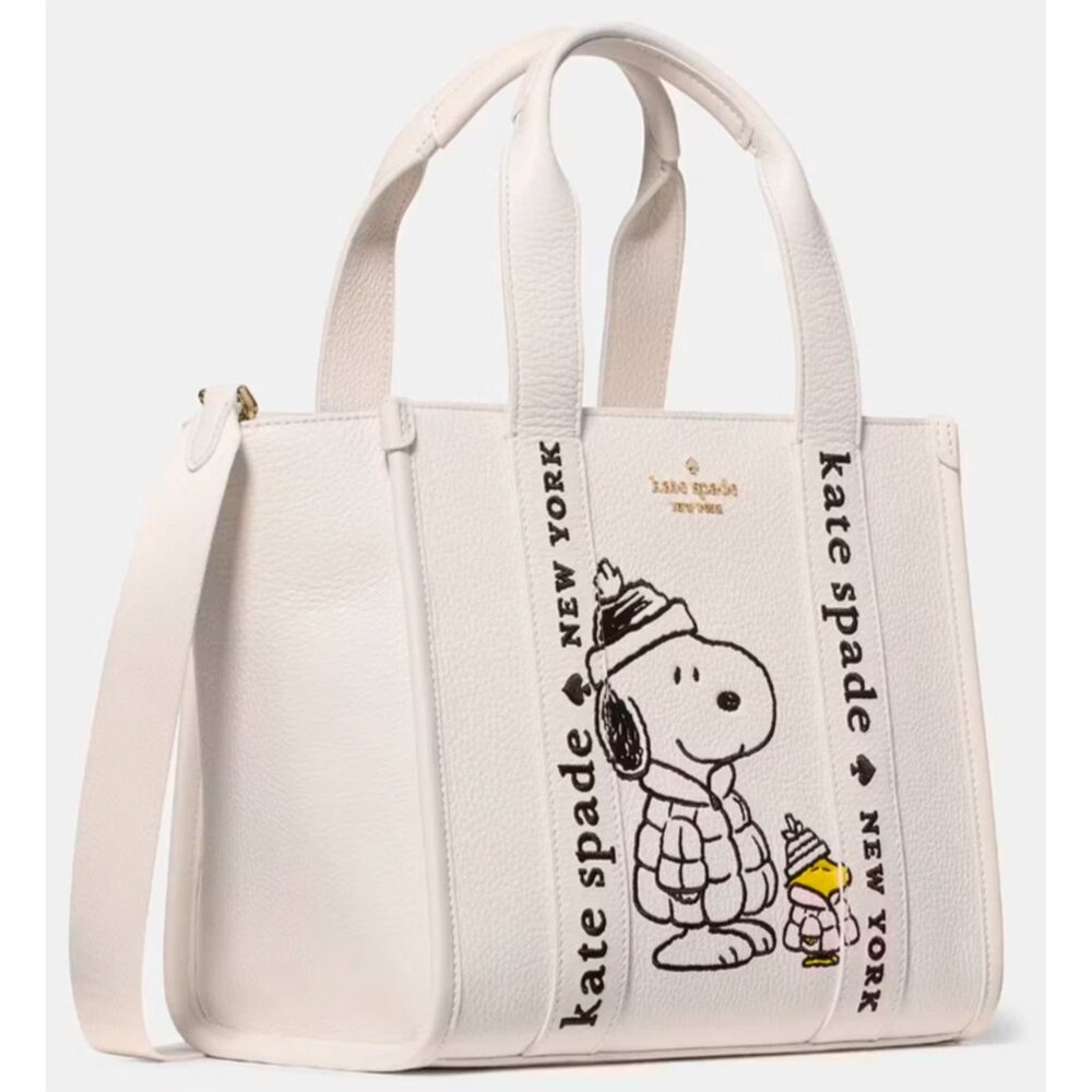 S Kate Spade Peanuts Snoopy Small Tote Ivory Pebbled Leather KM629 NWT $399
